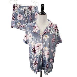 Taniri Pajama Set Shorts Shirt size L Blue Floral Pink Roses Button Front Satin